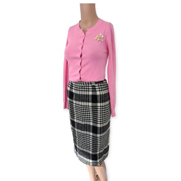60s Black White Houndstooth Plaid Skirt Vintage Wool Petti 13 27 Waist - Picture 1 of 7